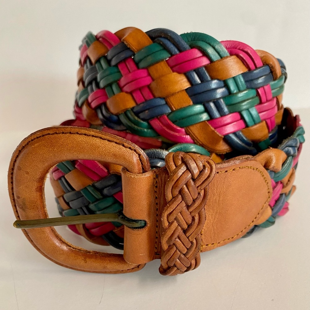 100% Leather braided brown pink blue green belt.Size L 41” long
